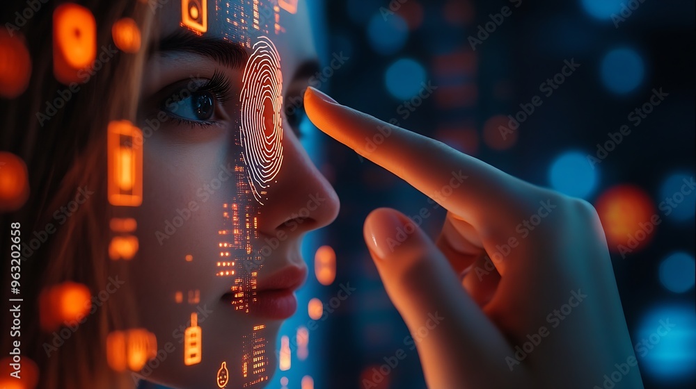 Poster Biometrics security system Woman using fingerprint identification to access personal financial data on mobile phone mobile banking app biometrics cyber security technology against digi : Generative AI