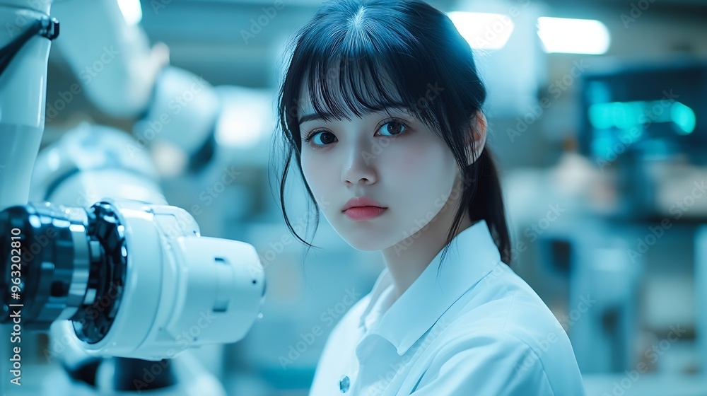 Poster Factory Female Industrial Engineer working with automation robot arms machine in intelligent factory industrial on real time monitoring system softwareDigital future manufacture : Generative AI