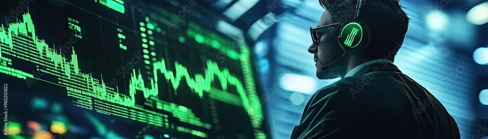 Poster A focused professional analyzes digital data on a screen, showcasing modern technology and financial insights in a dynamic environment.