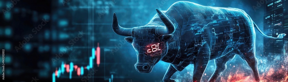 Poster dynamic stock market concept showing a digital bull symbolizing growth and investment potential in a