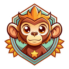 Cartoon Monkey Head with Yellow Star in Hexagon Frame