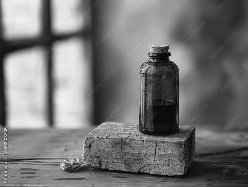 Poster a bottle of liquid is sitting on a wooden block. the scene is simple and minimalistic, with the bott