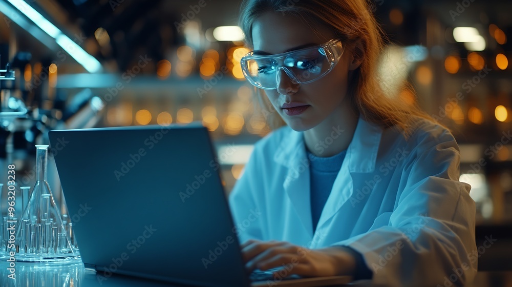 Poster chemistry laptop and science with woman in laboratory for medical or pharmaceutical research compute