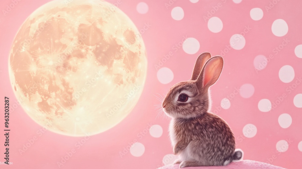 Poster a rabbit is sitting on a pink surface with a full moon in the background. the rabbit is looking up a