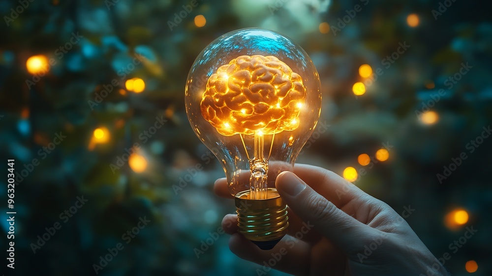 Poster Hand man holding illuminated lightbulb idea innovation and inspiration with glowing virtual brain smart intelligent creativity with bulbs Motivation and innovation concept : Generative AI