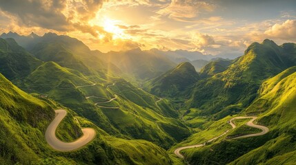 Scenic view of a winding mountain road with breathtaking views of lush green valleys and towering peaks, bathed in golden sunlight.