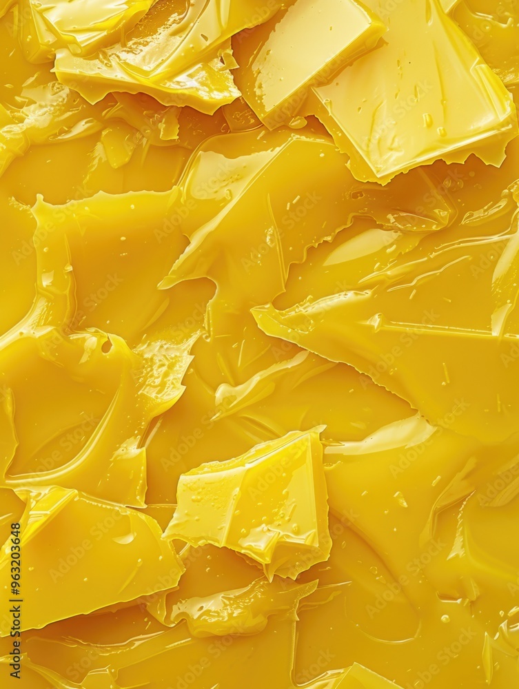 Poster the image is a close up of a yellow substance that appears to be melted or broken into pieces. the t