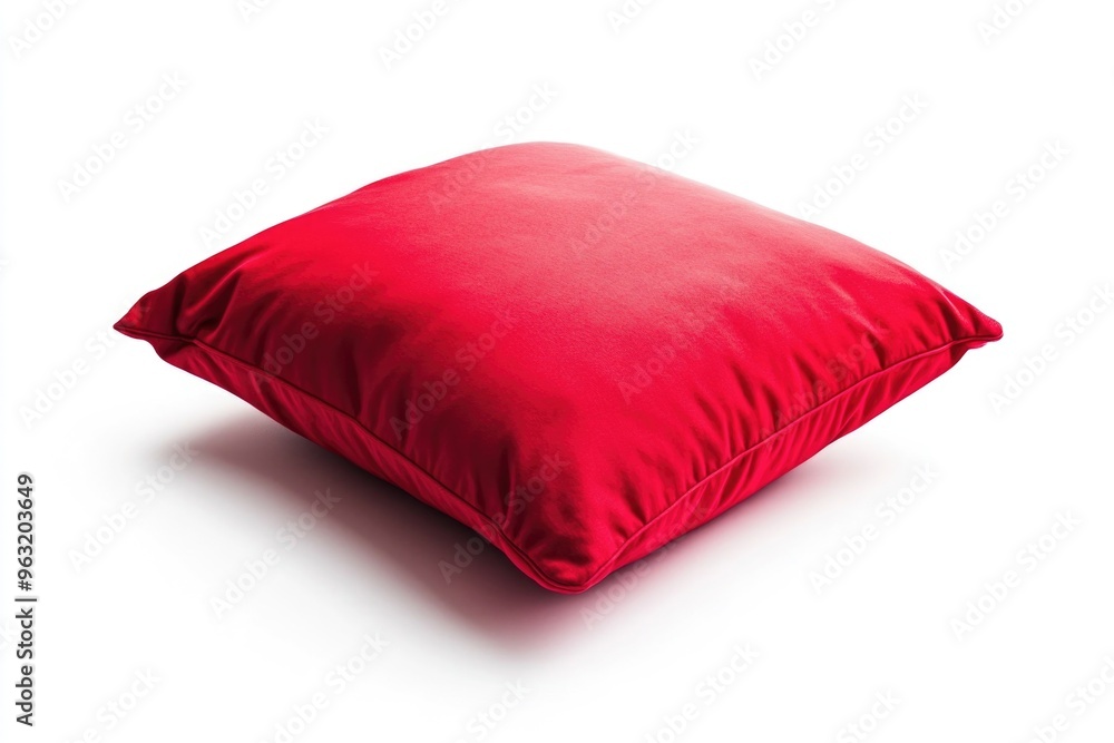 Poster a red pillow sits on a white background. the pillow is square in shape and is the only object in the