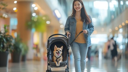 Happy Asian woman pushing chihuahua dog in pet stroller walking in pets friendly shopping mall Domestic dog and human owner dog moms enjoy outdoor lifestyle travel city on summer holid : Generative AI