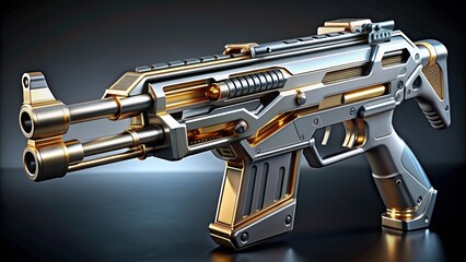 A highly advanced sleek weapon in silver and gold colors featuring futuristic design and technology, gold colors, advanced weapon, design, innovative, futuristic weapon