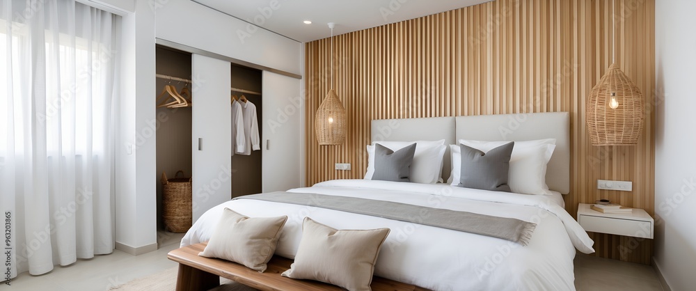 Wall mural minimalist bedroom with a clean and organized layout. The focal point is a neatly made bed with white linens and two gray accent pillows, positioned against a wooden slat accent wall.