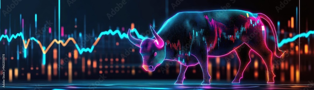 Aufkleber A vibrant and dynamic bull symbolizing a bullish market, surrounded by colorful financial graphs and data visualizations.