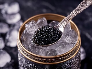 A spoonful of caviar is sitting in a bowl of ice. The bowl is made of metal and has a gold rim. The ice is melting, and the caviar is surrounded by a layer of water. The scene is elegant
