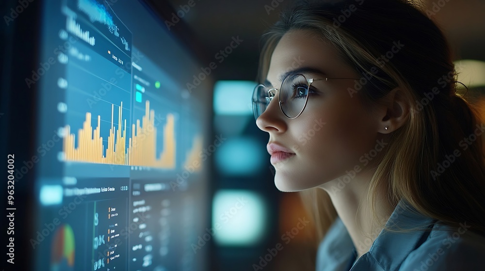 Poster Analyst woman working with information database to analyze marketing and sales data Business analytics dashboard with charts metrics and KPIs concept : Generative AI