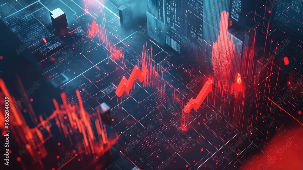 Poster Abstract digital interface with vibrant red data visualization and graphs representing financial analysis and technology.