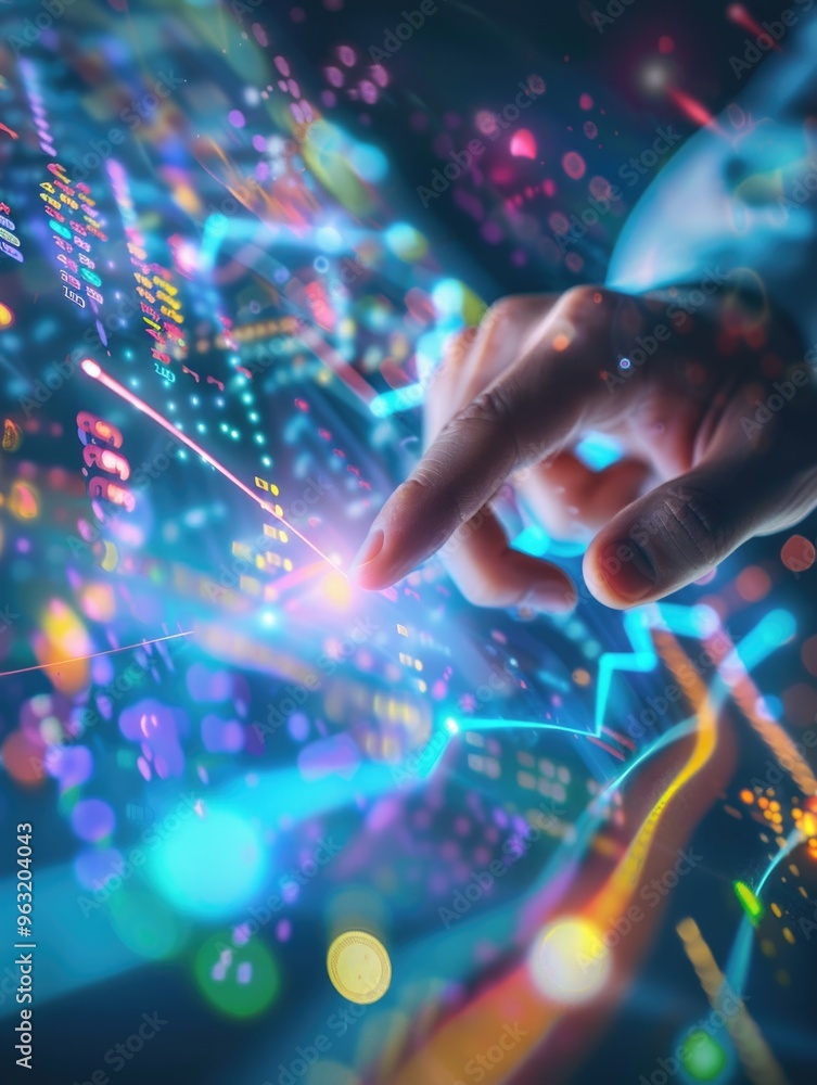 Poster a hand is pointing at a screen with a lot of numbers and lines. concept of focus and concentration a
