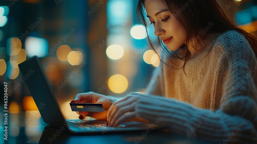 Poster a woman is using a laptop to pay for something with a credit card : generative ai