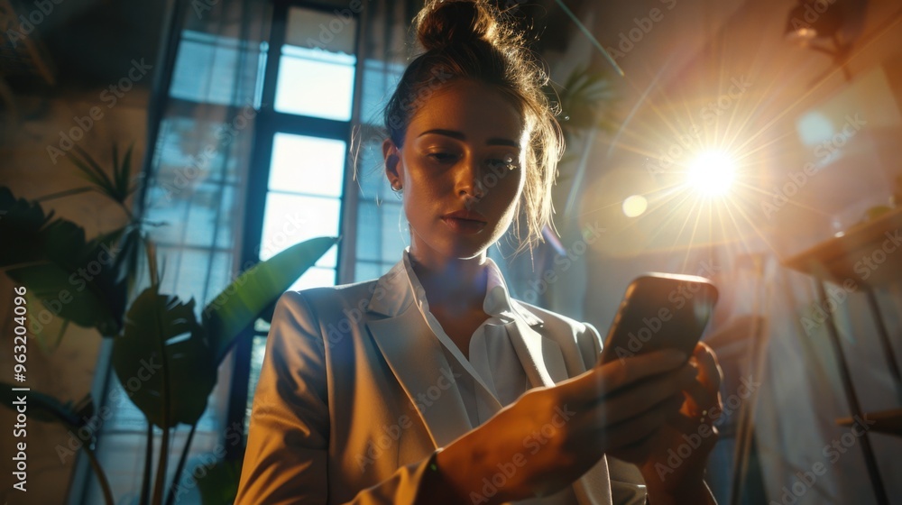 Poster A woman in a business suit is looking at her cell phone. Concept of modernity and technology, as the woman is using her phone in a contemporary setting