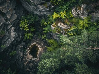 A rocky area with a small pond and trees