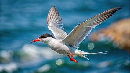 Obraz premium A close up stock photo capturing a common tern Sterna hirundo in flight above the sea displaying its majestic wingspan and graceful flight, air, sea, flight, majestic, wingspan, blue