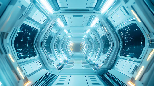 space station corridor with glowing lights and futuristic panels, floating in zero gravity