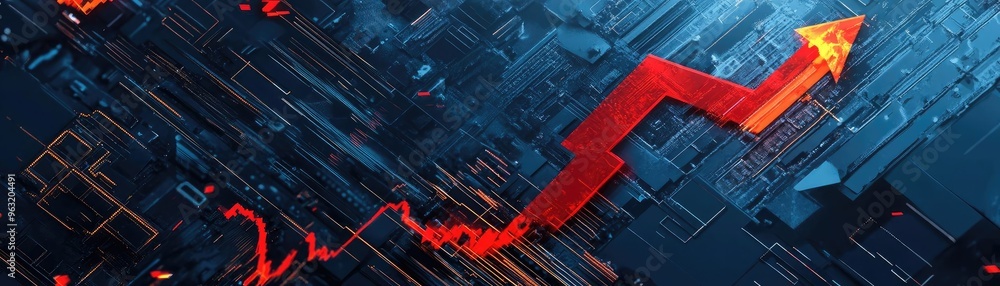 Poster Dynamic digital background with upward red arrow symbolizing growth, progress, and innovation in technology.