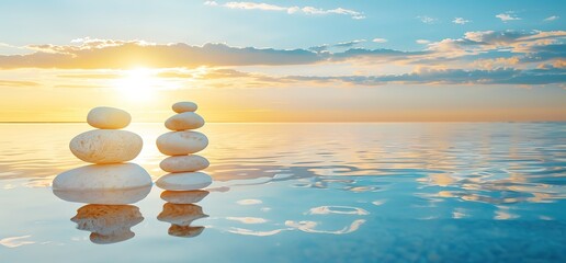 Zen stones stacked in a pile on a calm ocean at sunset. The stones are partially submerged in the water. The background is a beautiful sunset sky.