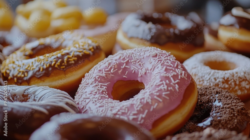 Poster a bunch of donuts with different toppings, including chocolate and sprinkles. concept of abundance a