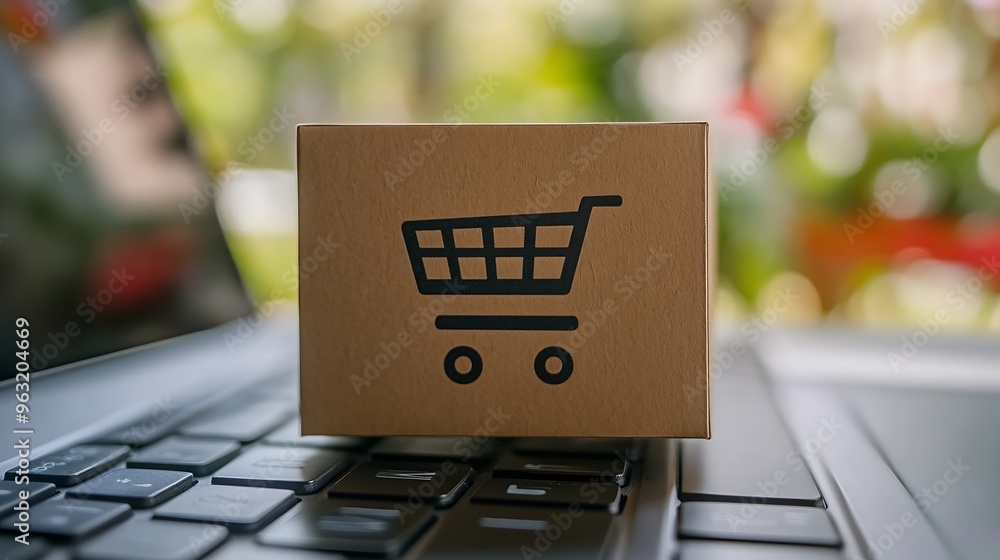 Poster shopping online cardboard box with a shopping cart logo in a trolley on laptop keyboard shopping ser
