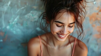 Young woman blushing and smiling shyly with a bashful expression capturing the essence of romantic attraction