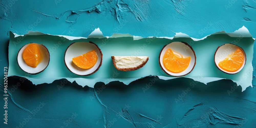 Poster a blue background with five oranges and one slice of orange. concept of freshness and abundance, as 