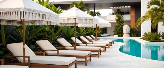 Fototapeta premium Luxurious outdoor poolside area with a modern and tropical design. The layout features several white cushioned lounge chairs with wooden frames, arranged neatly on a white stone deck