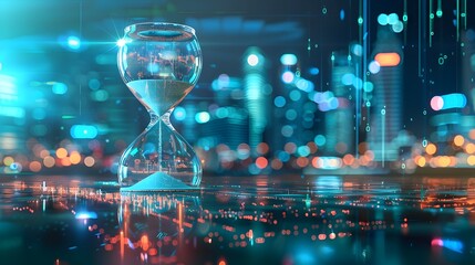 Futuristic Holographic Hourglass with Sci Fi Cityscape Background Representing Time in High Tech World