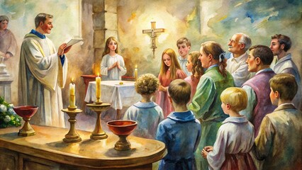 Fototapeta premium The stock photo features a detailed engraving of a Christian Holy Communion ceremony set against a beautiful watercolor background captured from an aerial perspective, vintage