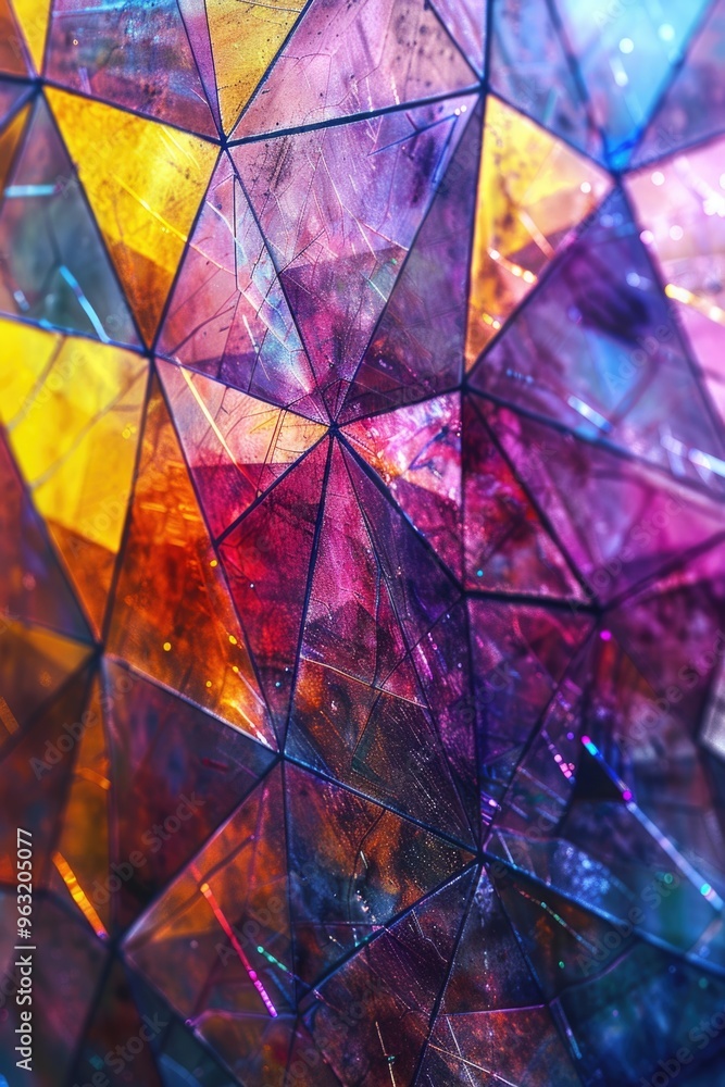 Poster a colorful, abstract image of triangles and squares. the colors are bright and vibrant, creating a s