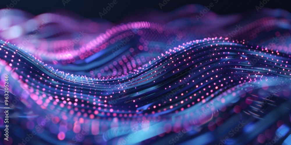 Poster a purple and blue wave with many dots. the dots are in different sizes and colors. the wave is very 