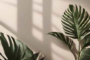 Minimalist Wall Background with Soft Tropical Leaf Shadows on a Light Textured Surface