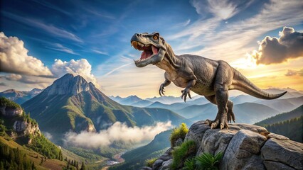 A majestic Tyrannosaurus Rex stands on top of a rocky mountain overlooking a breathtaking panoramic view, concept, standing, fierce, reptile, adventure, nature,dinosaur, teeth, discovery