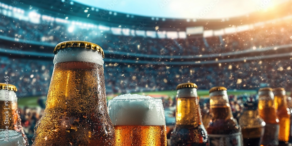 Poster a row of beer bottles and glasses are on a table in front of a stadium. scene is lively and social