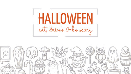 Halloween minimalist banner, horizontal background with spooky, scary icons. Flat vector illustration, monochrome gray bottom border frame, holiday text. For postcard, party, invitation, poster