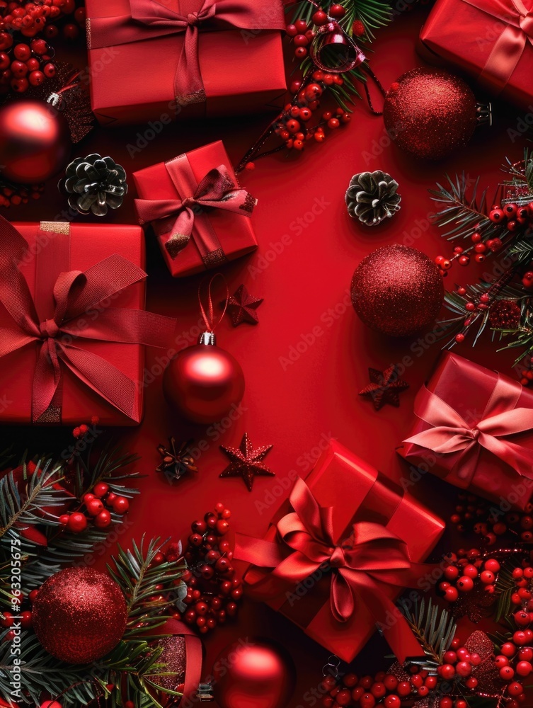 Aufkleber a red background with a bunch of red boxes and red balls. the image conveys a festive and joyful moo