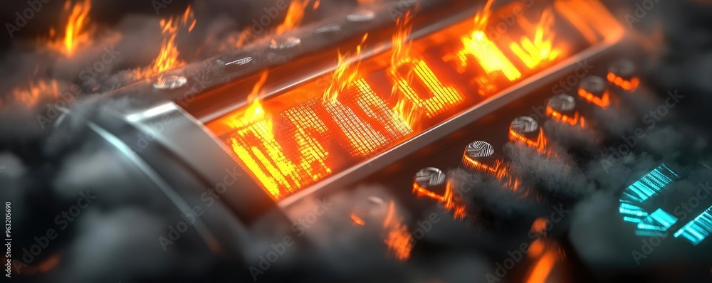 Poster close-up of a glowing audio mixer with dynamic flames, showcasing modern technology and vibrant colo