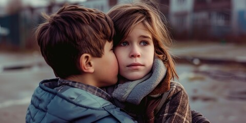 Fototapeta premium A boy and a girl are hugging each other. The girl is wearing a scarf and the boy is wearing a jacket. Scene is warm and affectionate