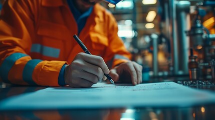 A safety engineer is using pen to rating the health risk assessment level of chemical hazardous material in the paperwork form Industrial safety working scene closeup and selecitve foc : Generative AI