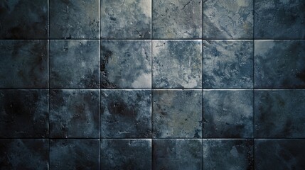 A wall with blue tiles. The tiles are old and worn