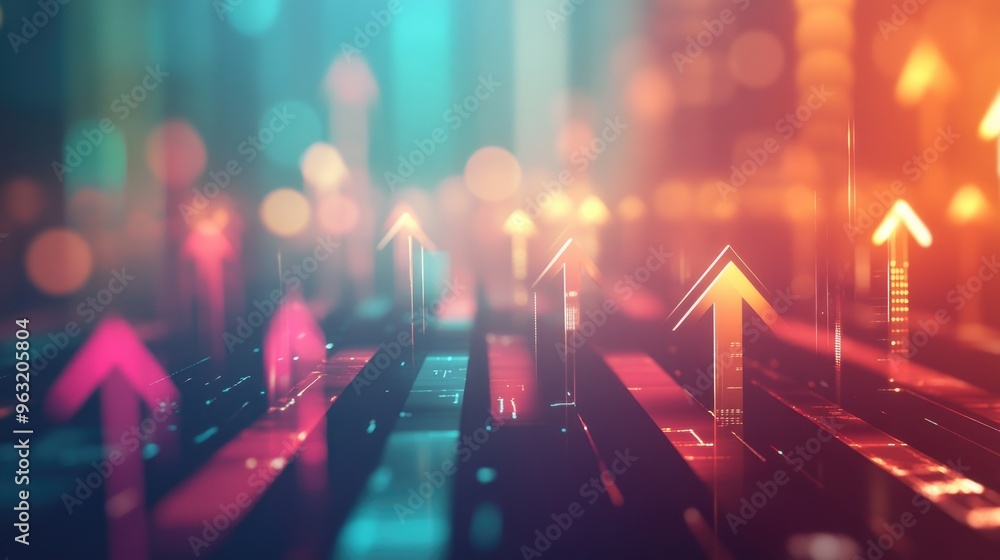 Aufkleber a colorful image of arrows pointing upwards in a cityscape. concept of progress and growth, as the a