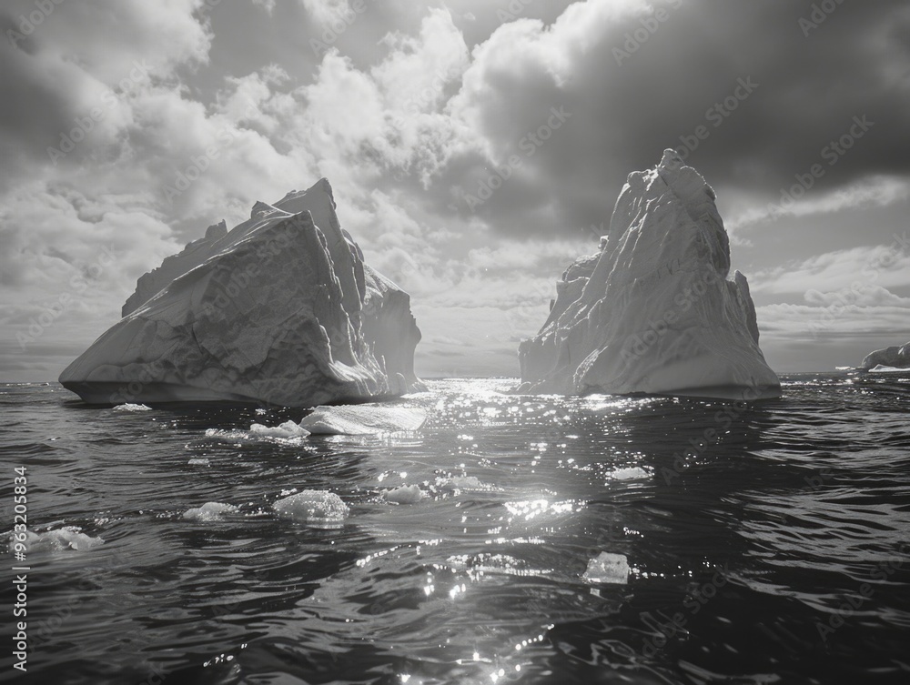 Poster two large ice blocks are floating in the ocean. the water is calm and the sky is cloudy