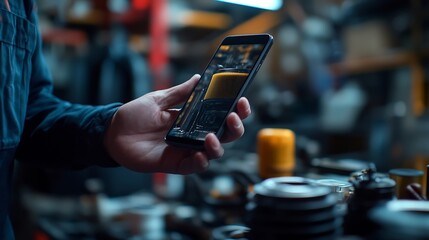 Hand holds a mobile phone with car parts Purchasing an oil filter for car service at a garage through mobile commerce : Generative AI