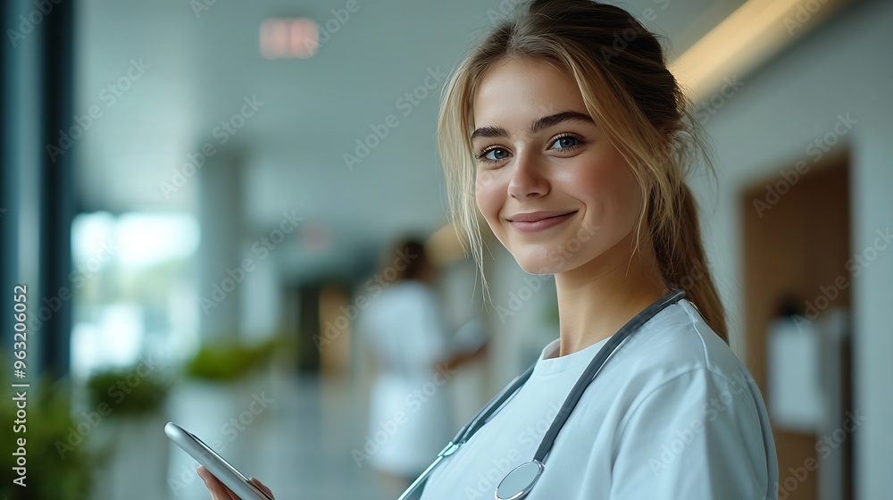 Poster happy face and woman with a tablet doctor and typing with connection website info and employee portr