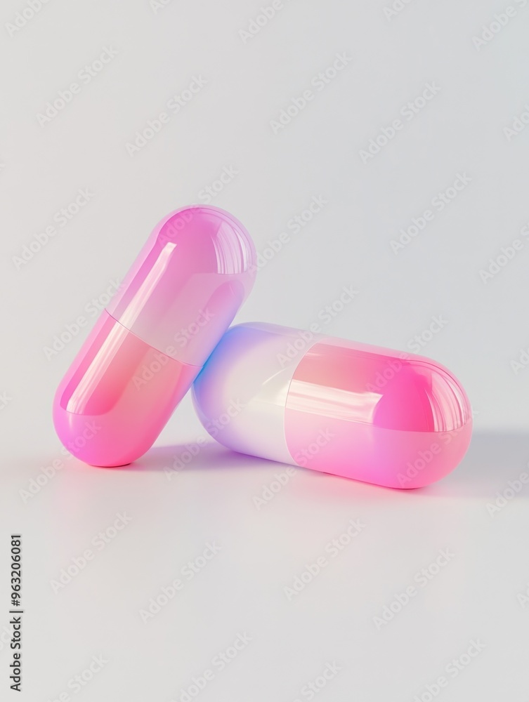 Poster two pink pills are shown side by side on a white background. the pills are of different sizes and ar